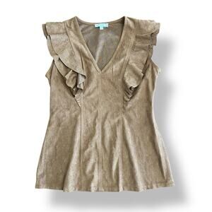 Jade by Melody Tam XS Faux Suede Tan Ruffle‎ Sleeve V-Neck Top Blouse